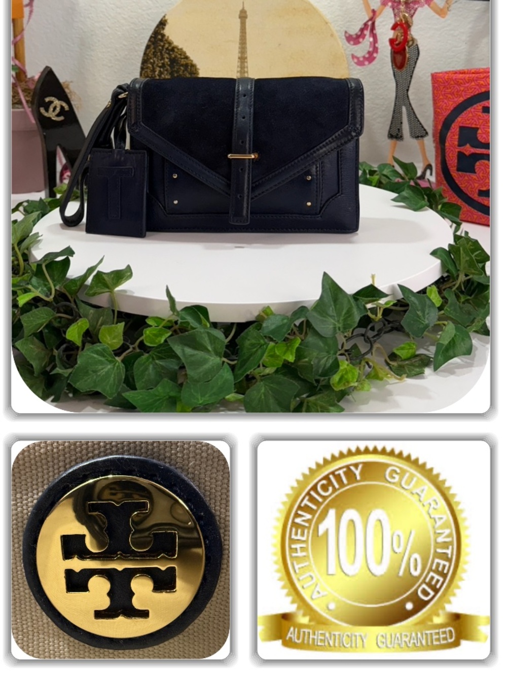 REGAL TORY BURCH BLUE SUEDE LEATHER LARGE T LOGO WRISTLET!
